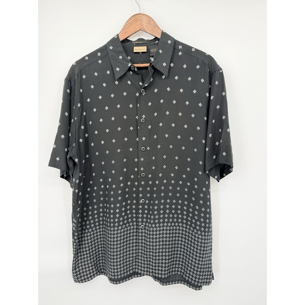 AXIST Washable Silk Shirt Men L‎ 100% Silk Black Geometric Diamond Short Sleeve
